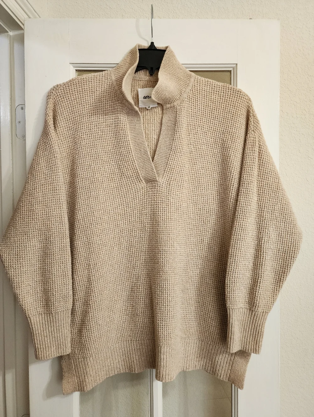 Aerie Waffle Knit Lounge Set M Beige Sweater Wide Leg Pants Cozy FLAW READ DESC - Picture 3 of 16